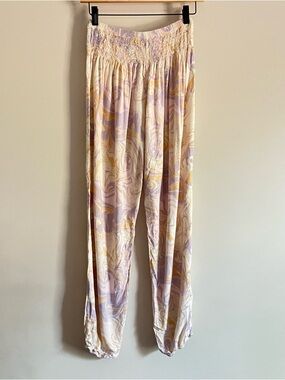 Lotus and Luna Harem Pants Women S/M Tan Mandala Boho Hippie Smocked Waist Rayon